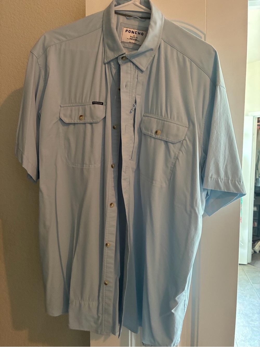 Poncho Outdoors Light Blue and Black Short-Sleeve Button Shirt